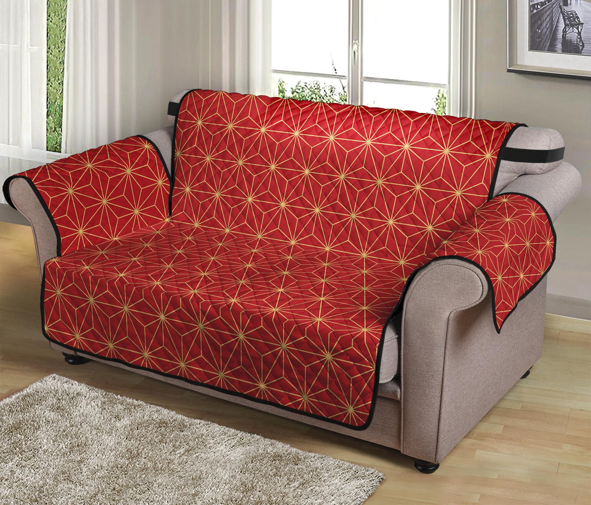 Geometric Japanese Floral Pattern Print Loveseat Protector