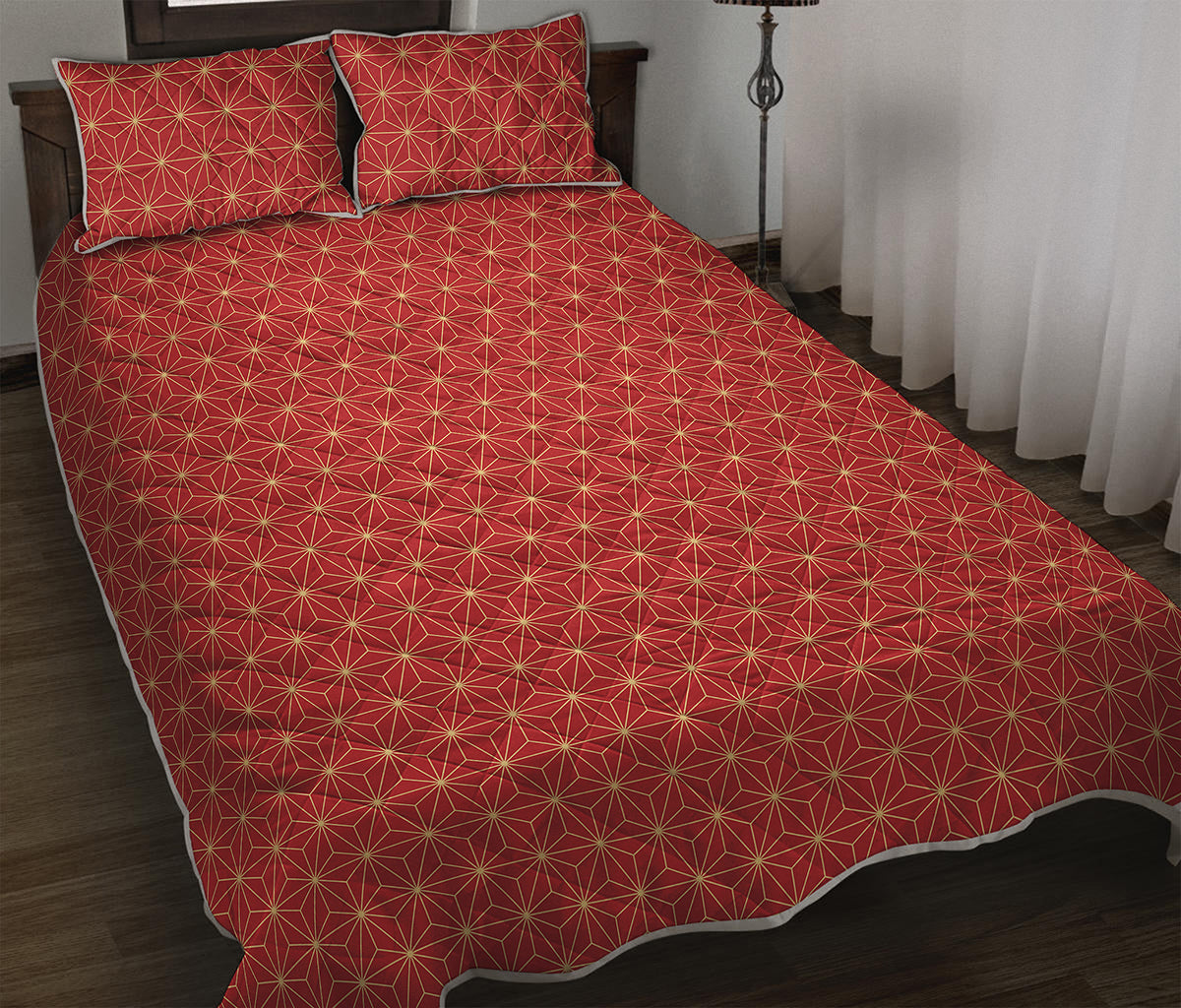 Geometric Japanese Floral Pattern Print Quilt Bed Set