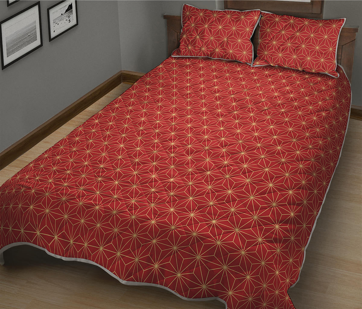Geometric Japanese Floral Pattern Print Quilt Bed Set