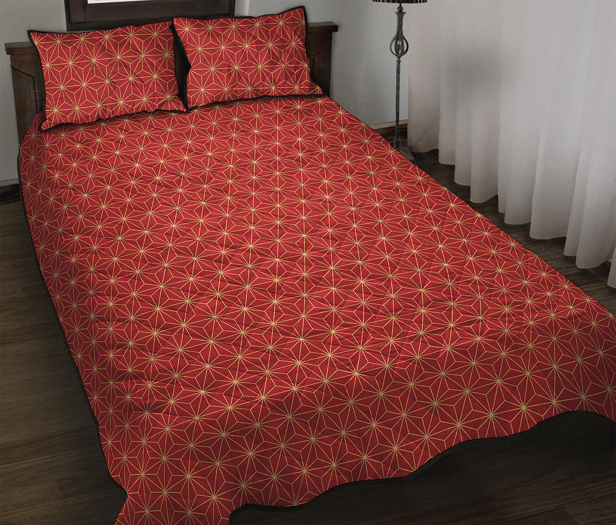 Geometric Japanese Floral Pattern Print Quilt Bed Set