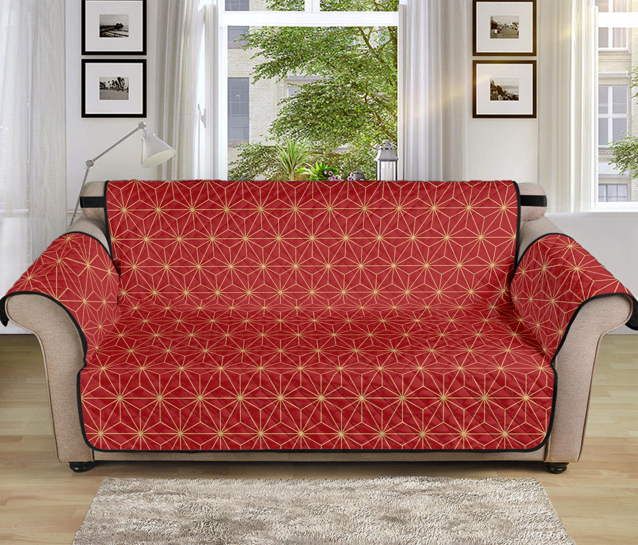 Geometric Japanese Floral Pattern Print Sofa Protector