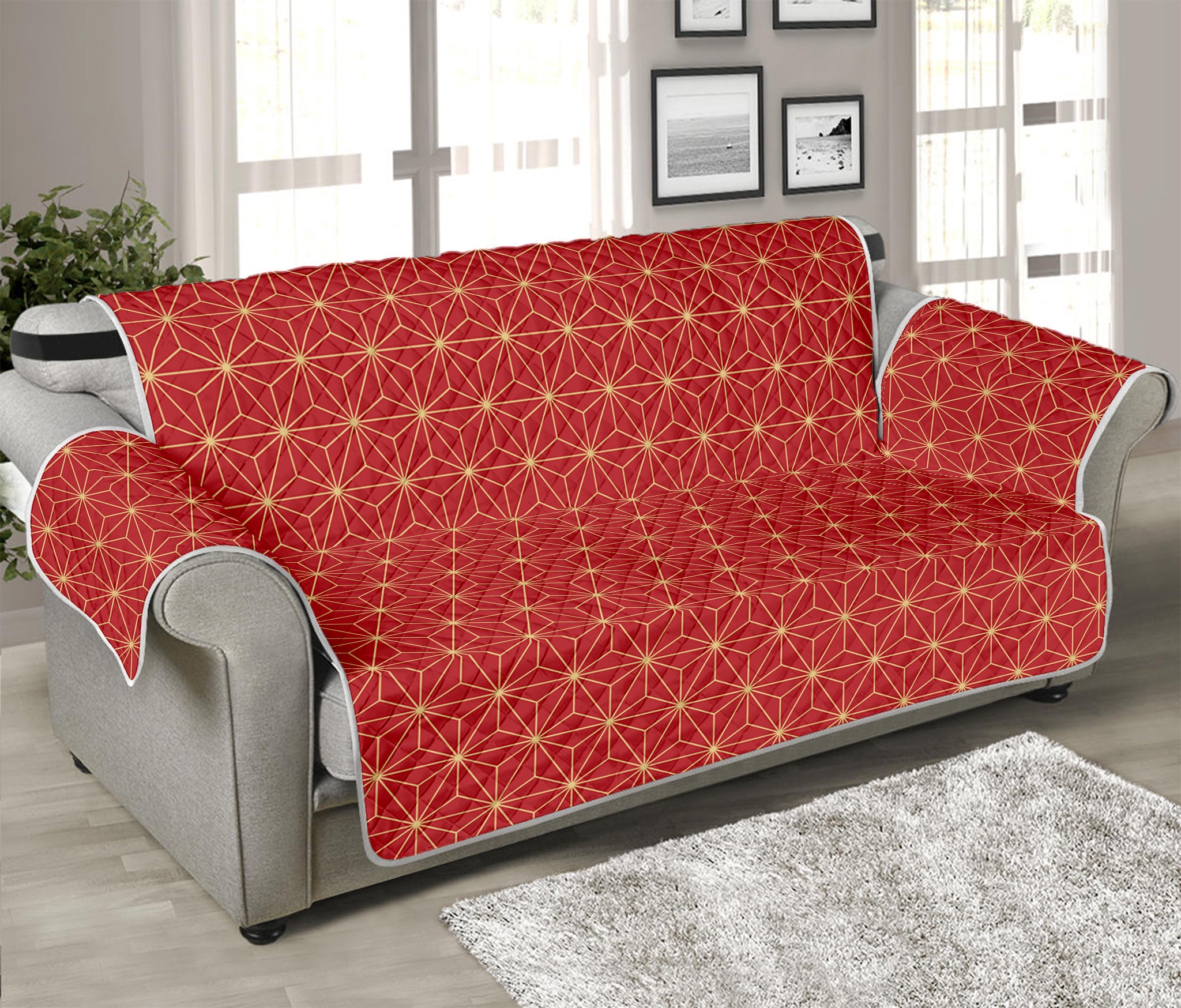 Geometric Japanese Floral Pattern Print Sofa Protector