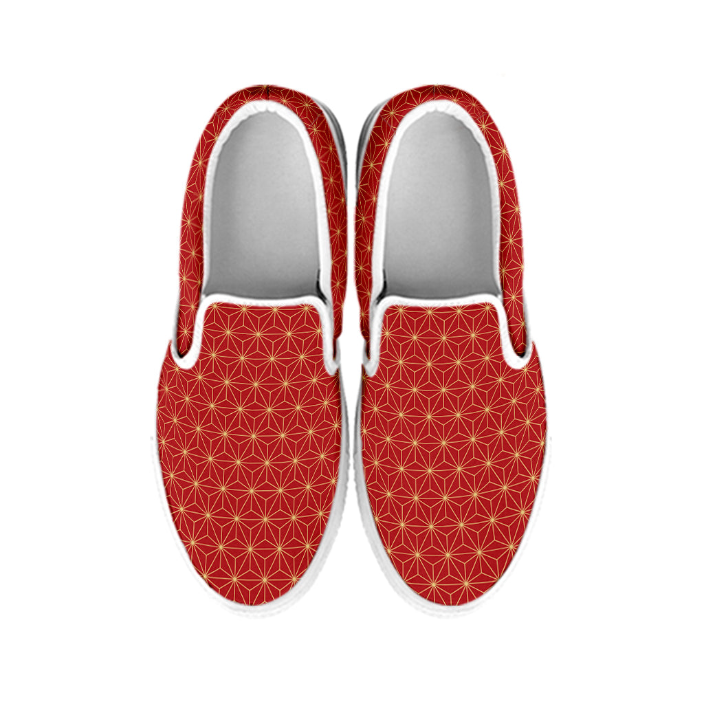 Geometric Japanese Floral Pattern Print White Slip On Shoes