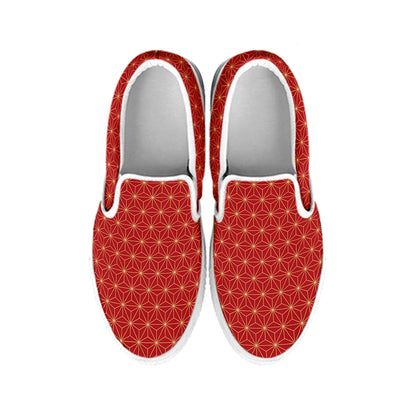 Geometric Japanese Floral Pattern Print White Slip On Shoes