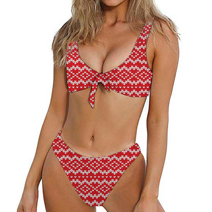 Geometric Knitted Pattern Print Front Bow Tie Bikini