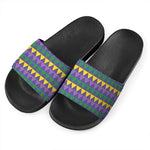 Geometric Mardi Gras Pattern Print Black Slide Sandals
