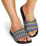 Geometric Mardi Gras Pattern Print Black Slide Sandals