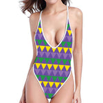 Geometric Mardi Gras Pattern Print One Piece High Cut Swimsuit