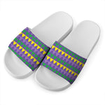 Geometric Mardi Gras Pattern Print White Slide Sandals