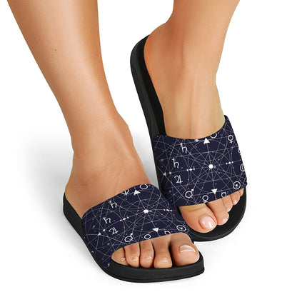 Geometric Moon Phase Print Black Slide Sandals