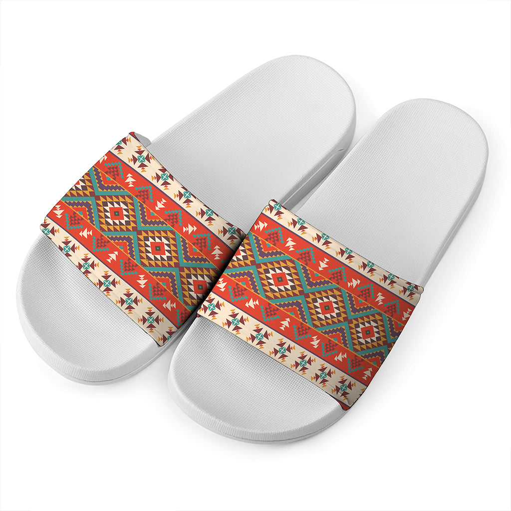 Geometric Native Navajo Print White Slide Sandals