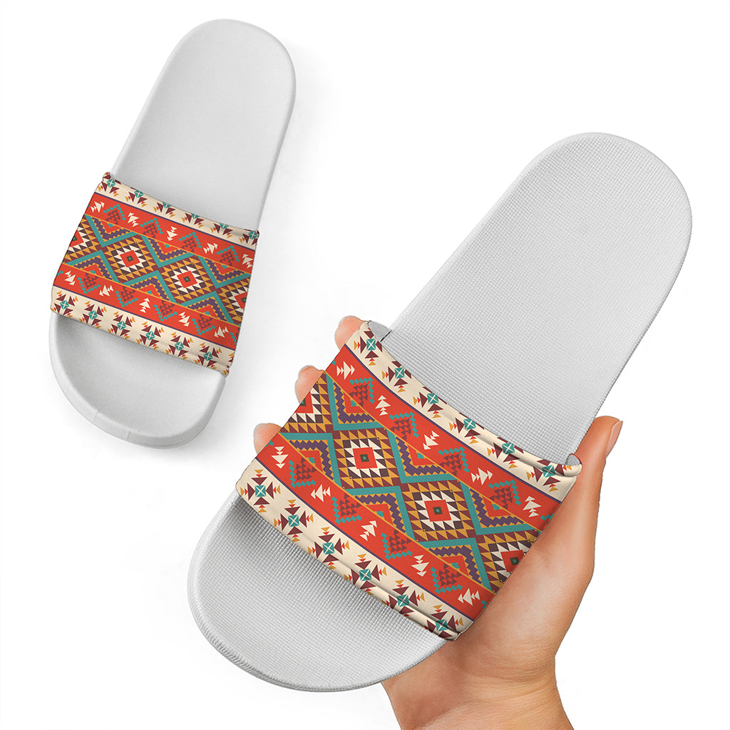 Geometric Native Navajo Print White Slide Sandals