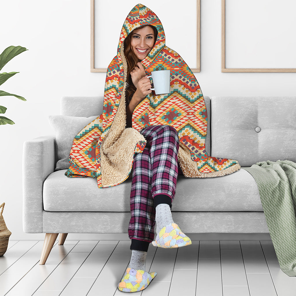 Geometric Navajo Pattern Print Hooded Blanket