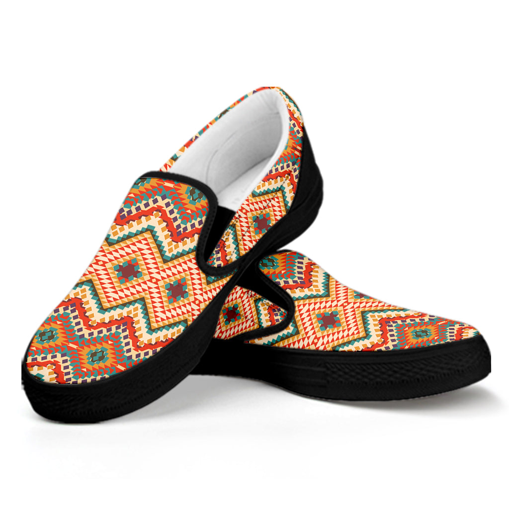 Geometric Pendleton Navajo Pattern Print Black Slip On Shoes