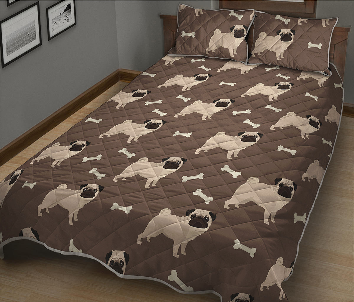 Geometric Pug Pattern Print Quilt Bed Set