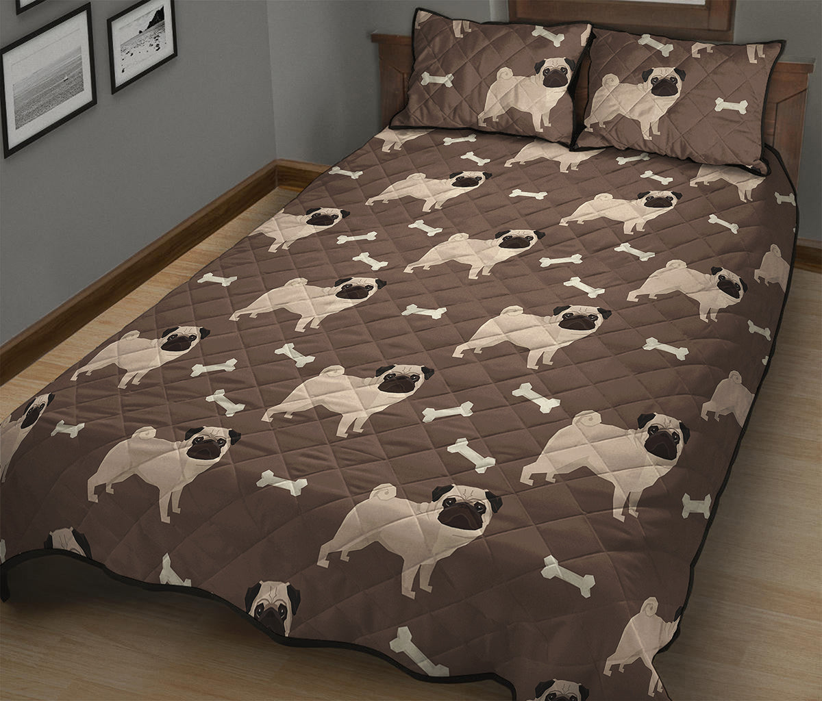 Geometric Pug Pattern Print Quilt Bed Set