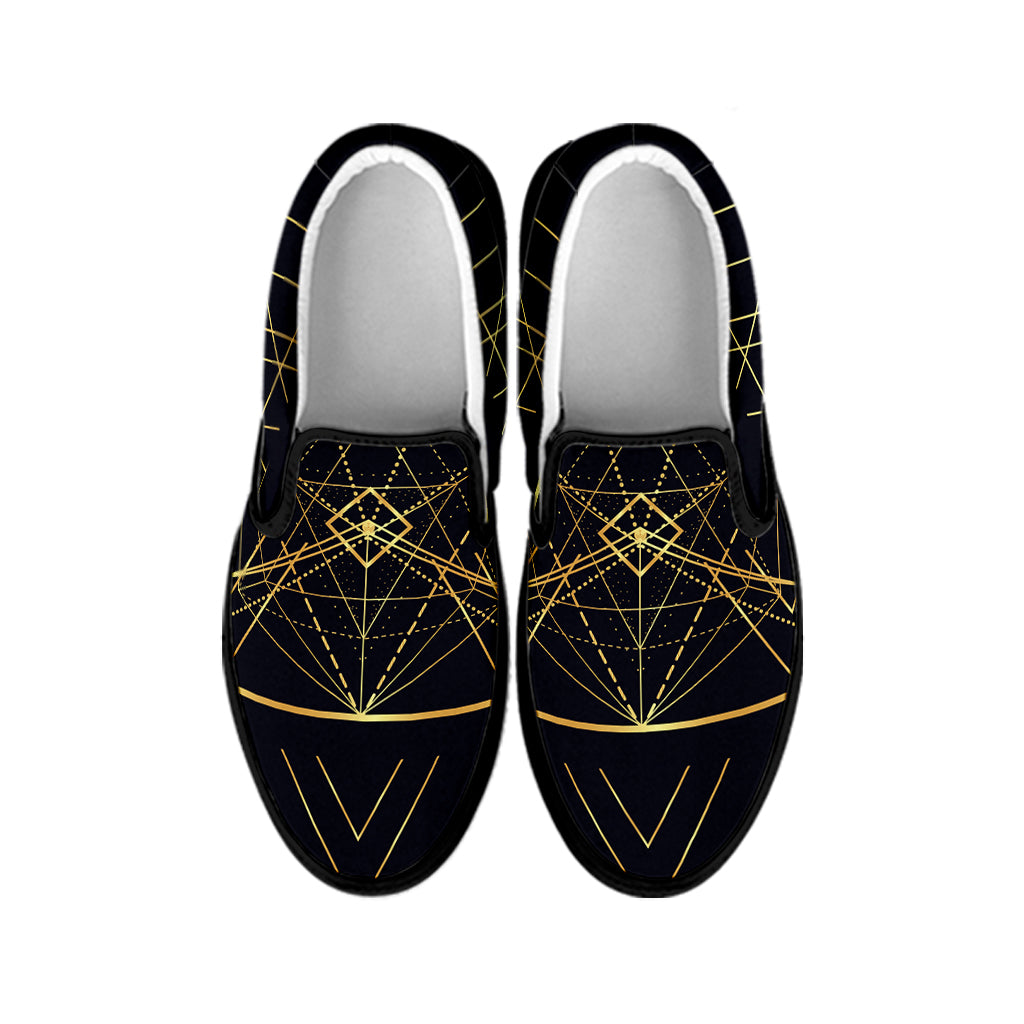 Geometric Pyramid Print Black Slip On Shoes