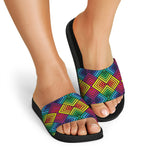 Geometric Rainbow Pattern Print Black Slide Sandals
