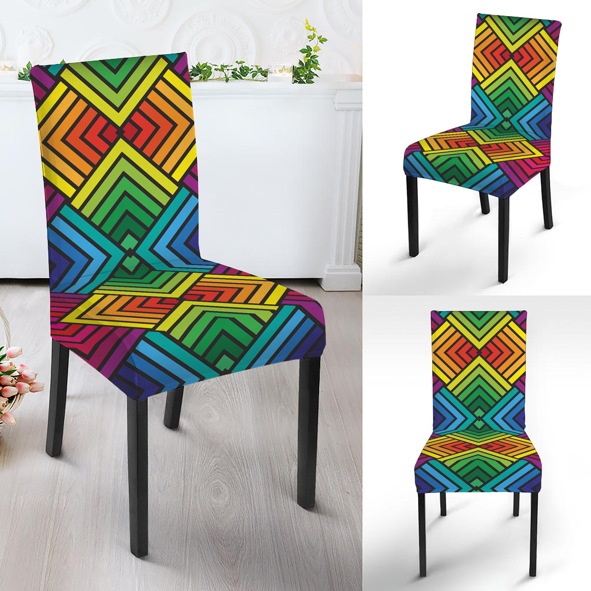 Geometric Rainbow Pattern Print Dining Chair Slipcover