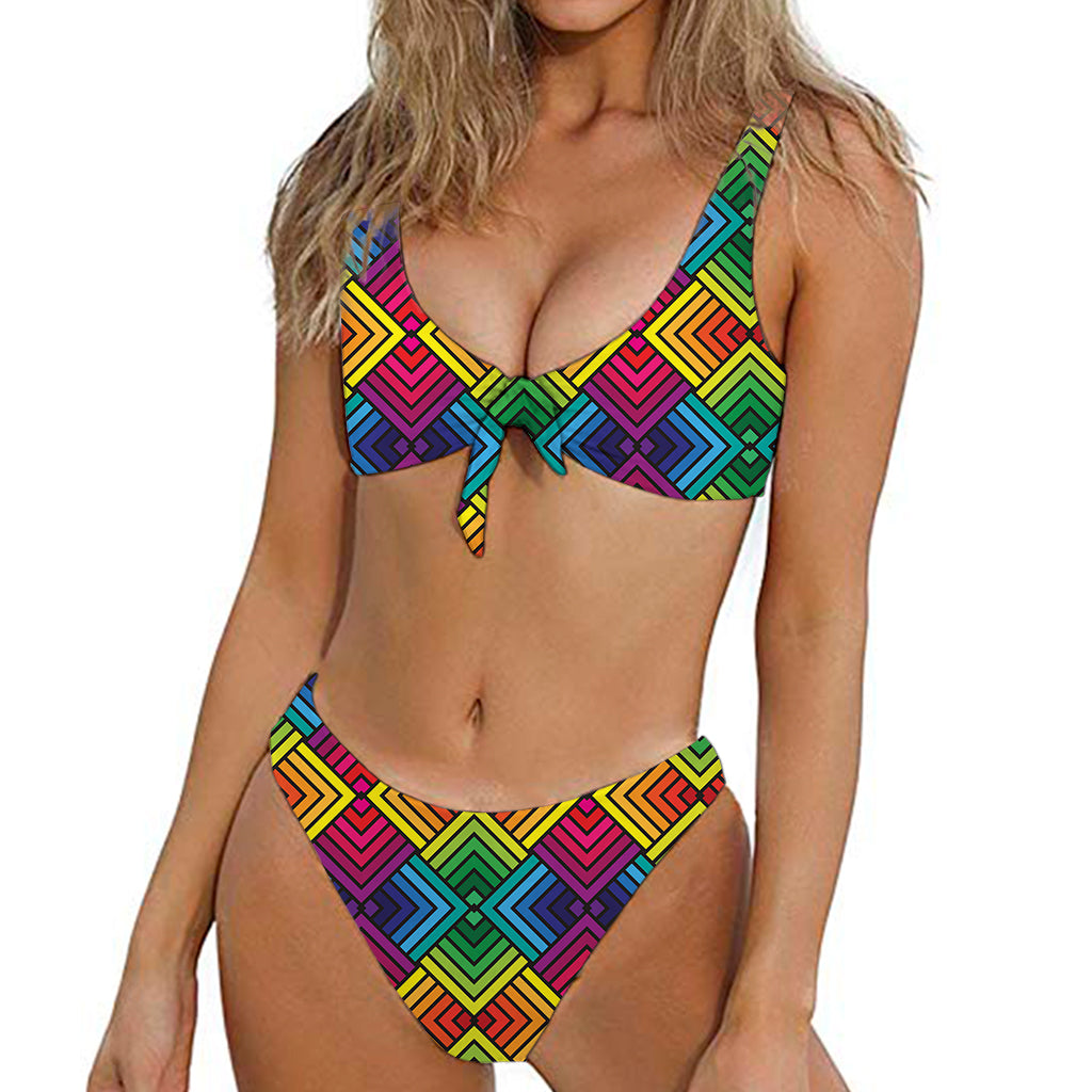 Geometric Rainbow Pattern Print Front Bow Tie Bikini