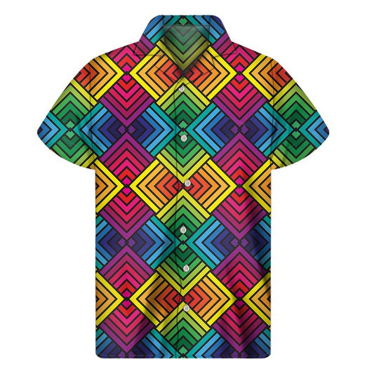 Geometric Rainbow Pattern Print Men's Short Sleeve Shirt