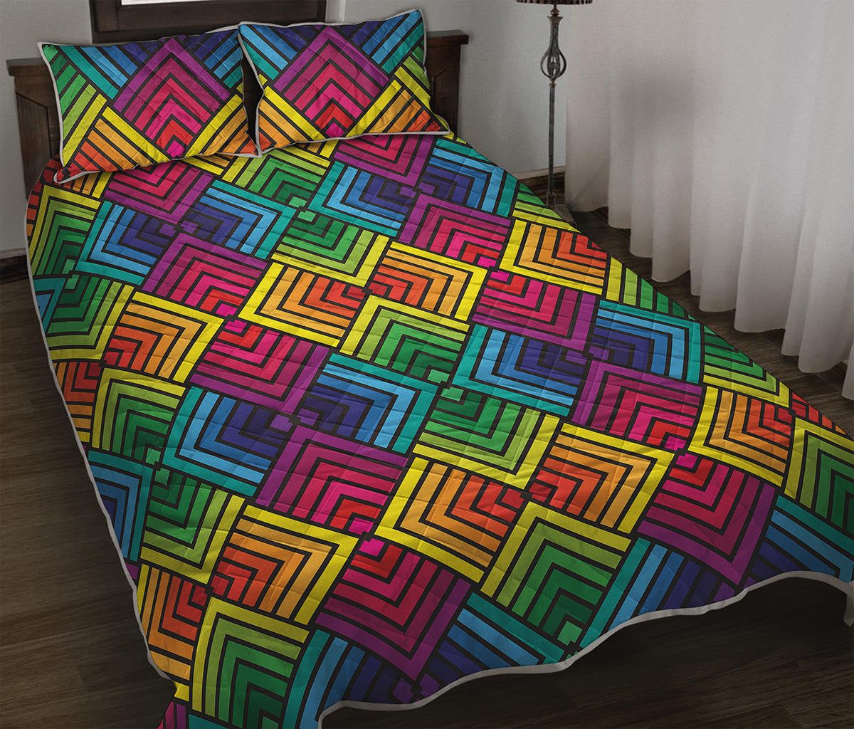 Geometric Rainbow Pattern Print Quilt Bed Set