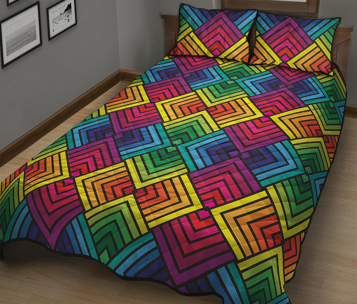 Geometric Rainbow Pattern Print Quilt Bed Set