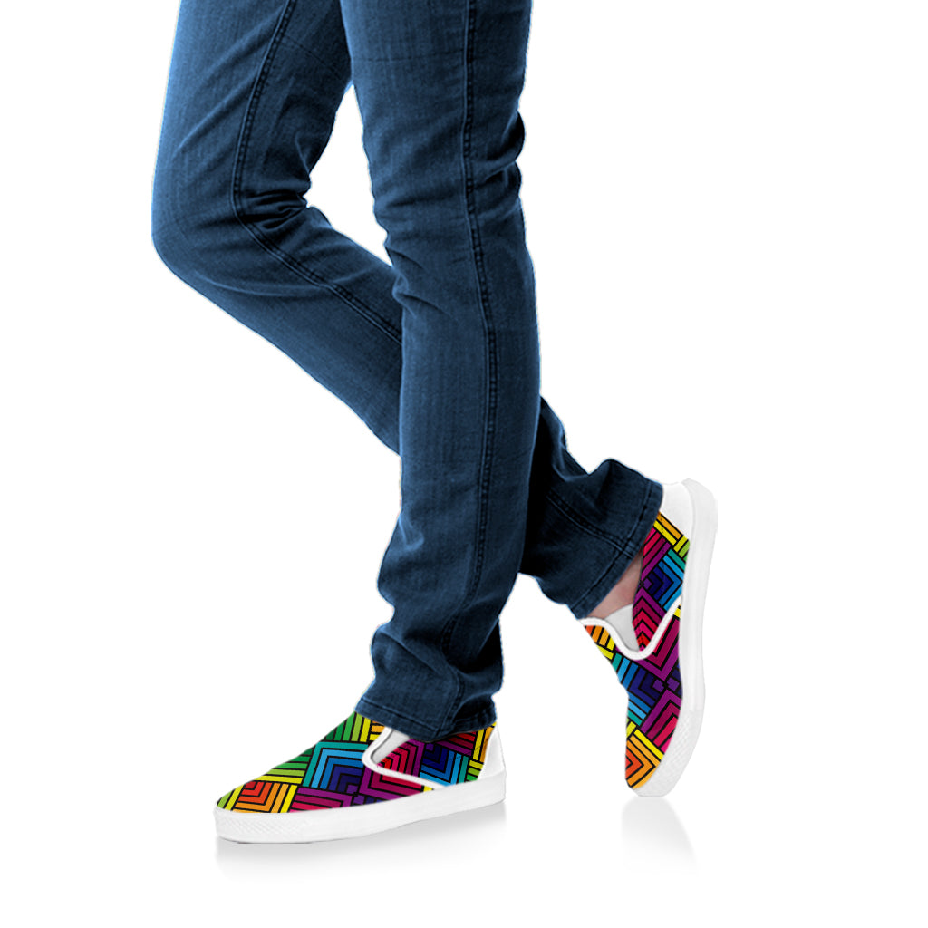 Geometric Rainbow Pattern Print White Slip On Shoes