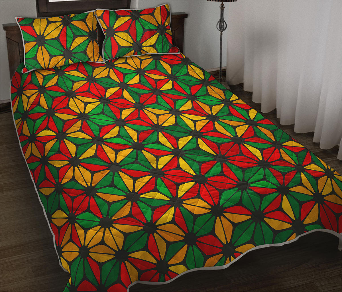 Geometric Reggae Pattern Print Quilt Bed Set