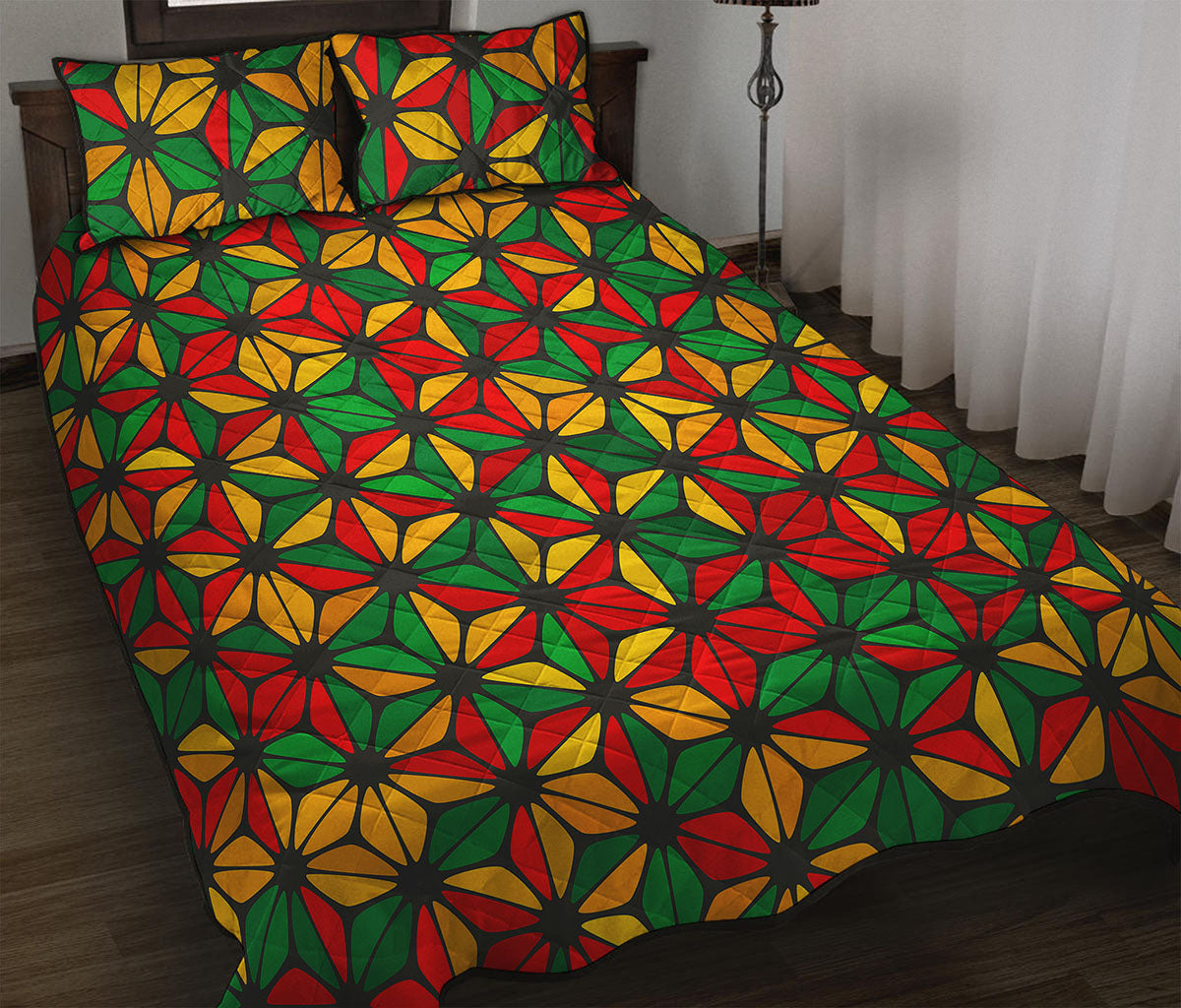 Geometric Reggae Pattern Print Quilt Bed Set