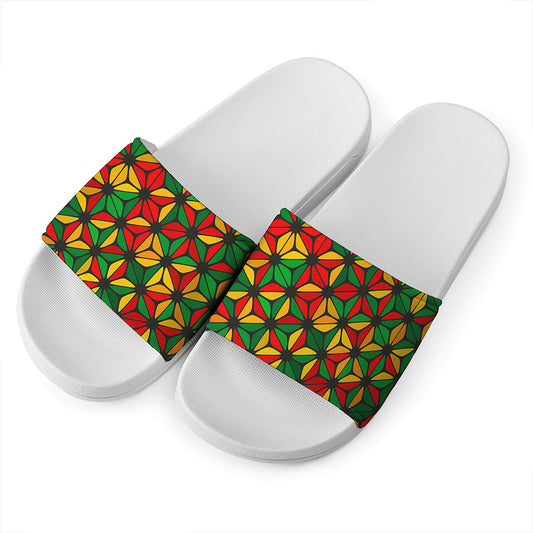 Geometric Reggae Pattern Print White Slide Sandals