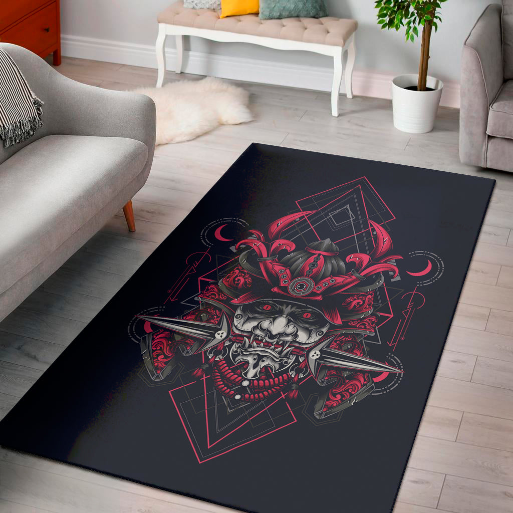 Geometric Samurai Mask Print Area Rug