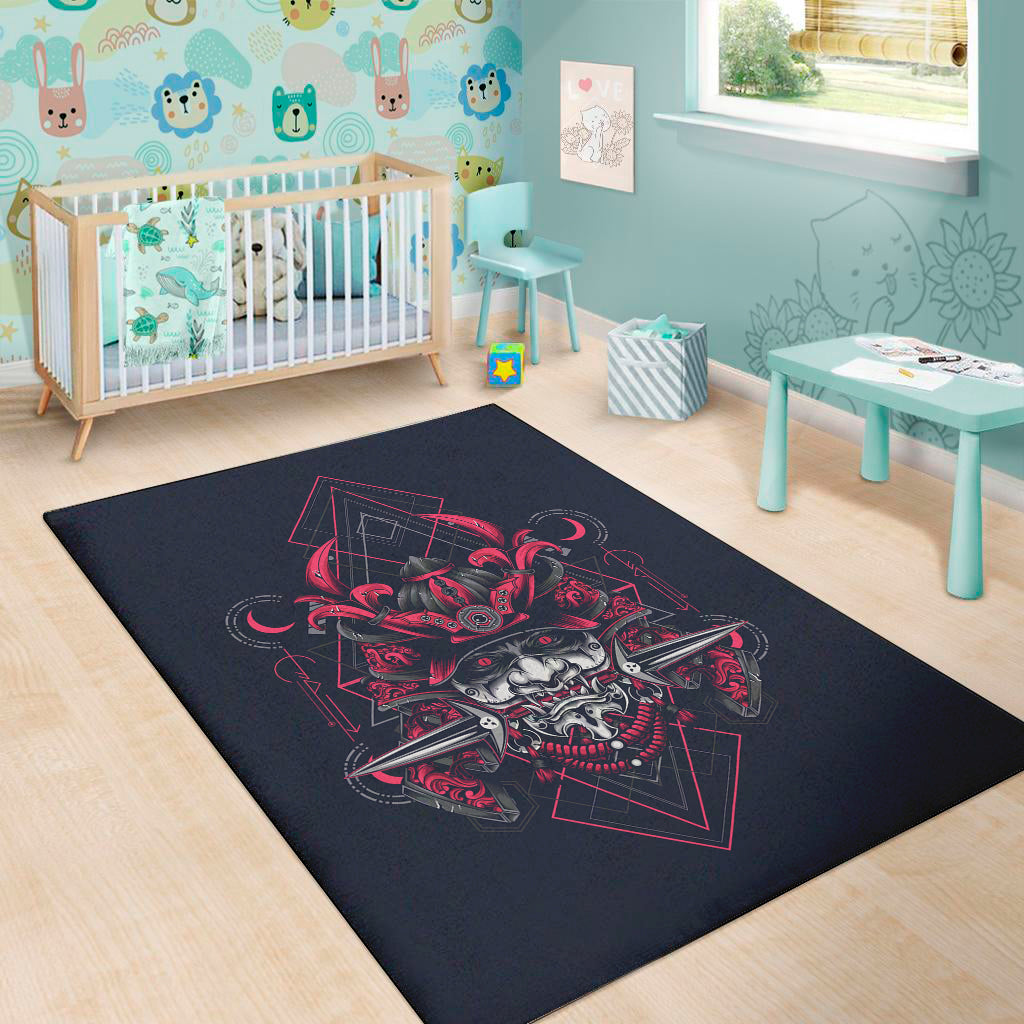 Geometric Samurai Mask Print Area Rug