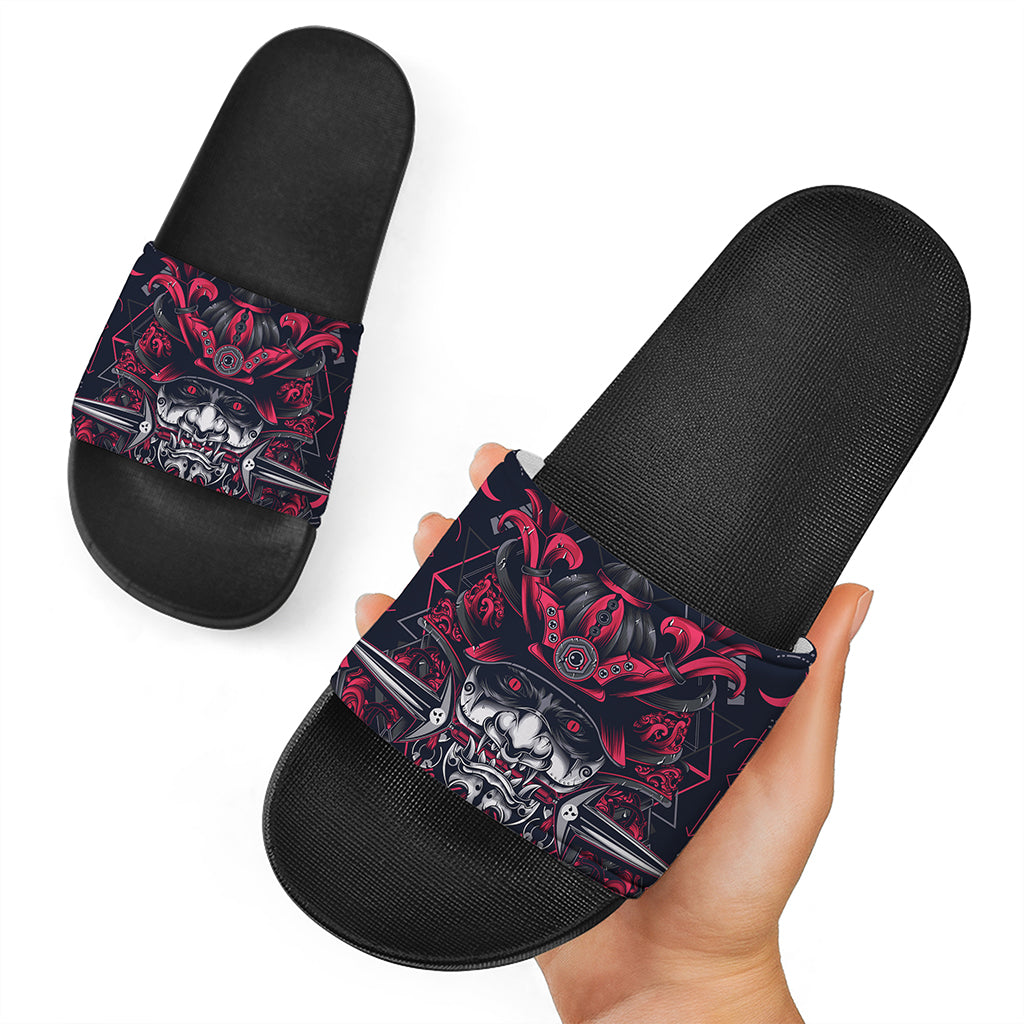 Geometric Samurai Mask Print Black Slide Sandals