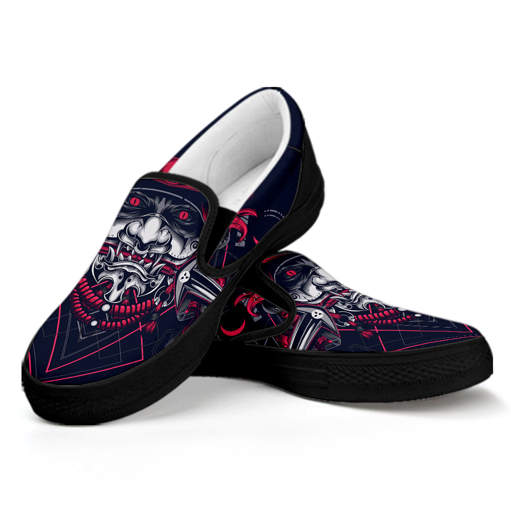 Geometric Samurai Mask Print Black Slip On Shoes