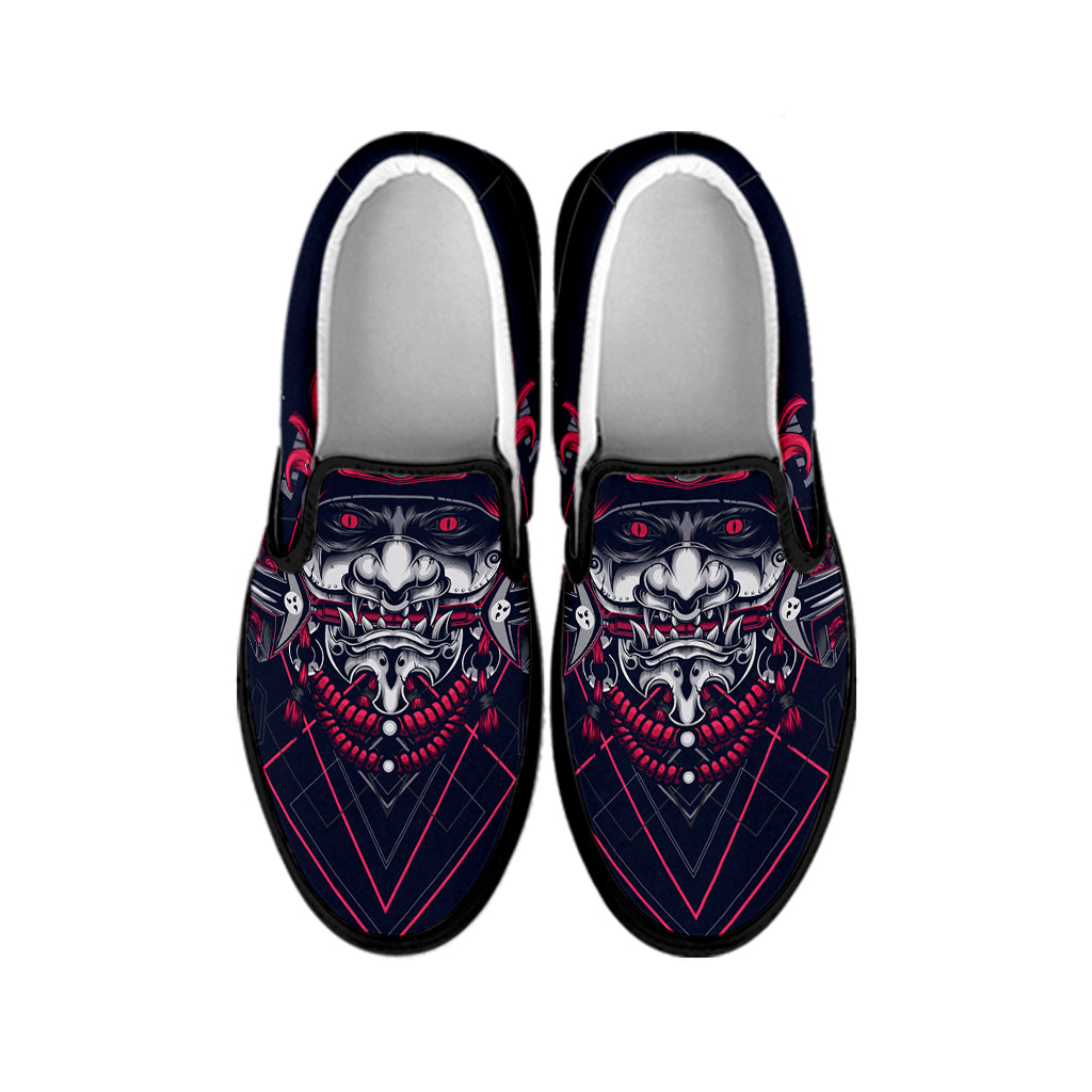 Geometric Samurai Mask Print Black Slip On Shoes