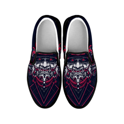 Geometric Samurai Mask Print Black Slip On Shoes