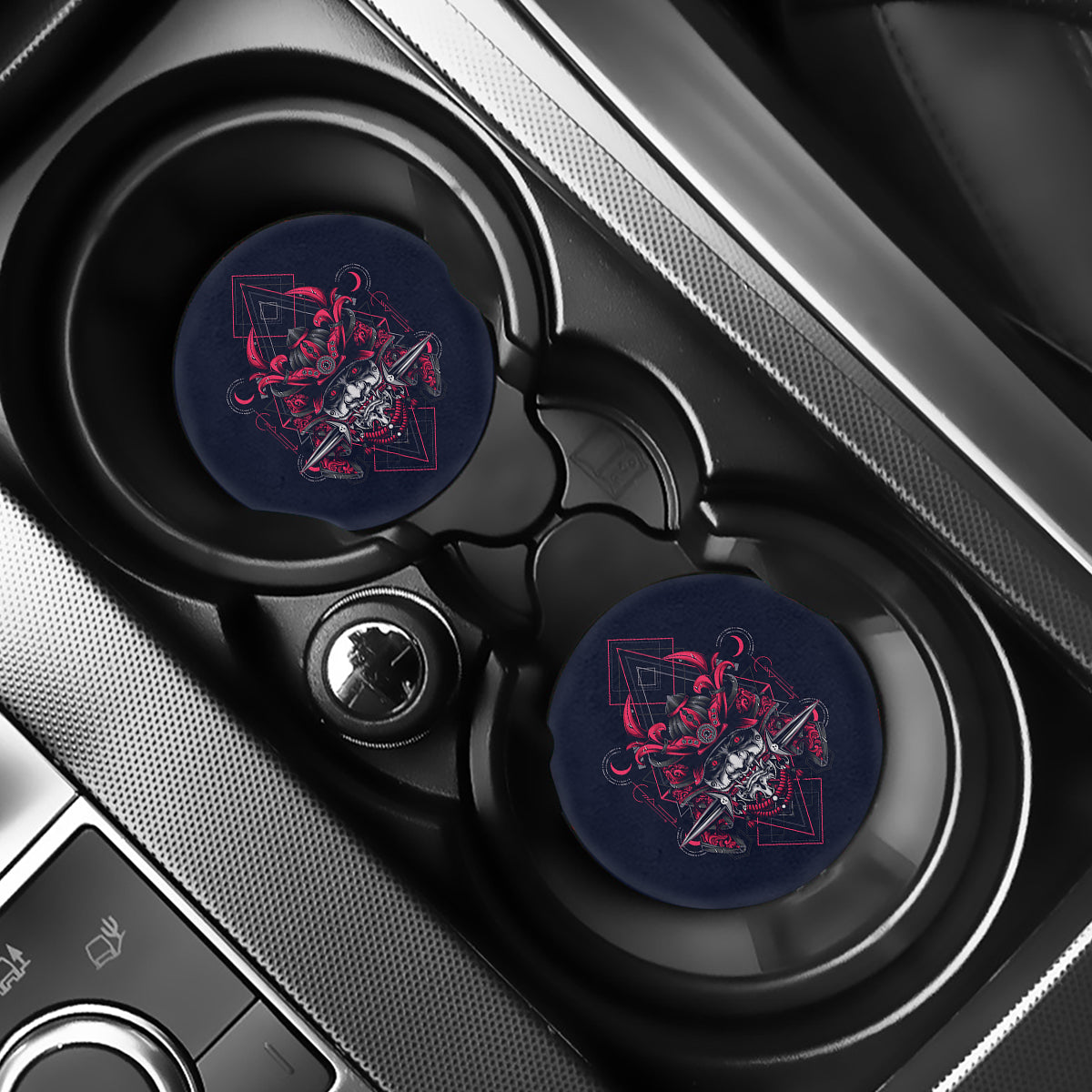 Geometric Samurai Mask Print Car Coasters
