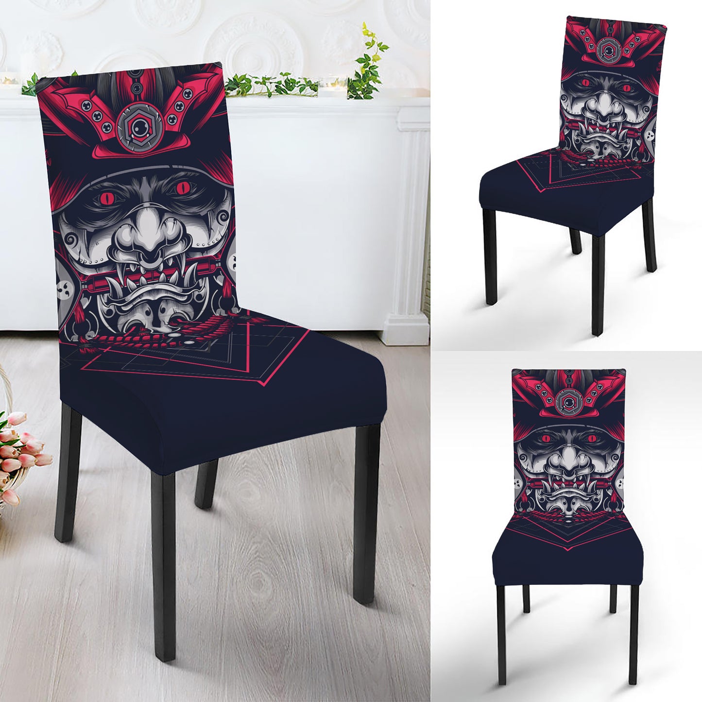 Geometric Samurai Mask Print Dining Chair Slipcover
