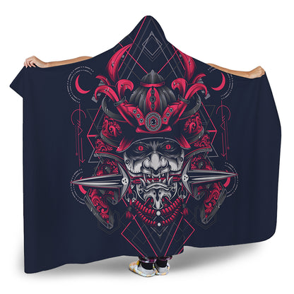Geometric Samurai Mask Print Hooded Blanket