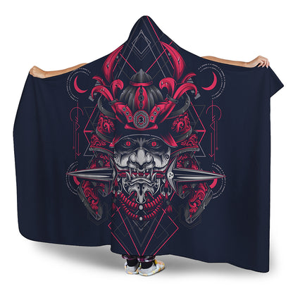 Geometric Samurai Mask Print Hooded Blanket