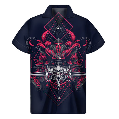 Geometric Samurai Mask Print Men's Short Sleeve Shirt