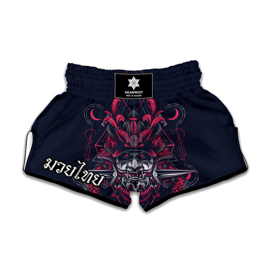 Geometric Samurai Mask Print Muay Thai Boxing Shorts