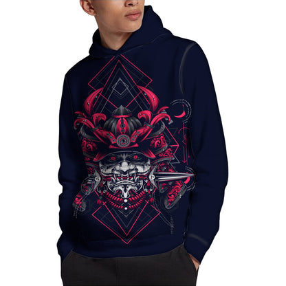 Geometric Samurai Mask Print Pullover Hoodie