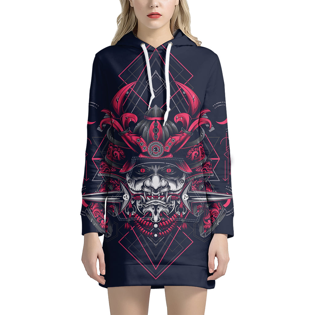 Geometric Samurai Mask Print Pullover Hoodie Dress