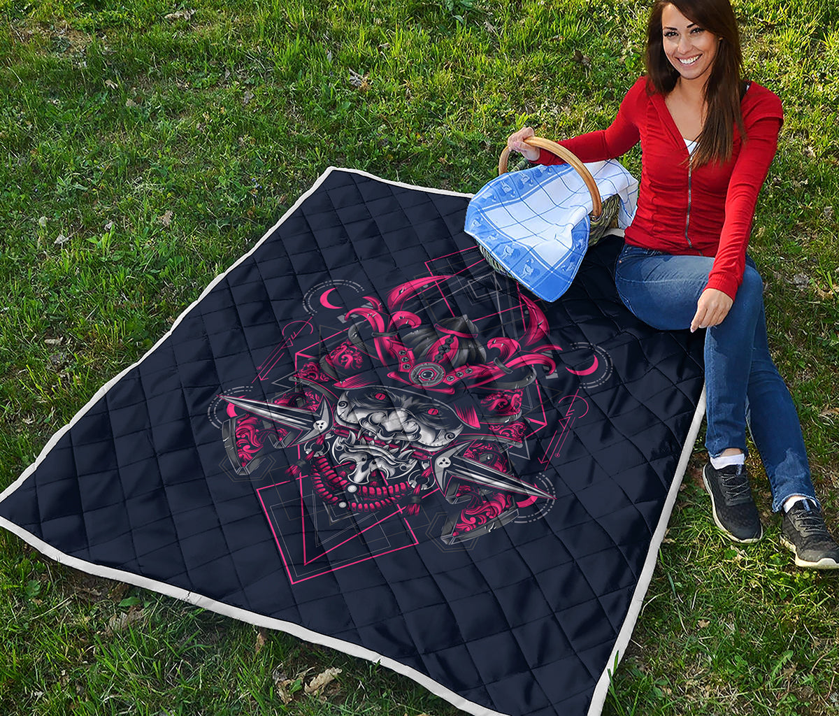 Geometric Samurai Mask Print Quilt