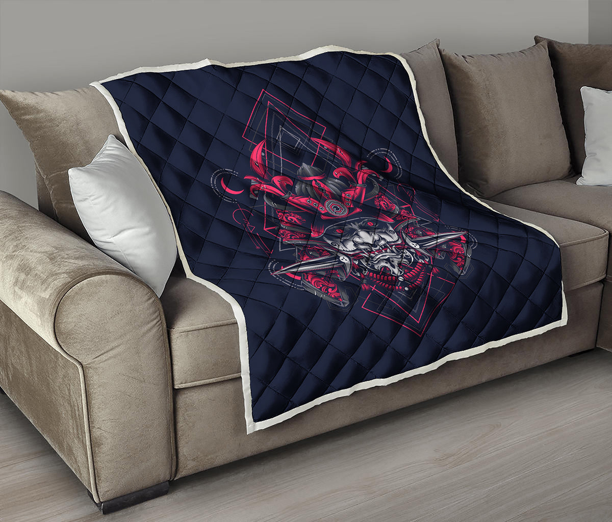 Geometric Samurai Mask Print Quilt
