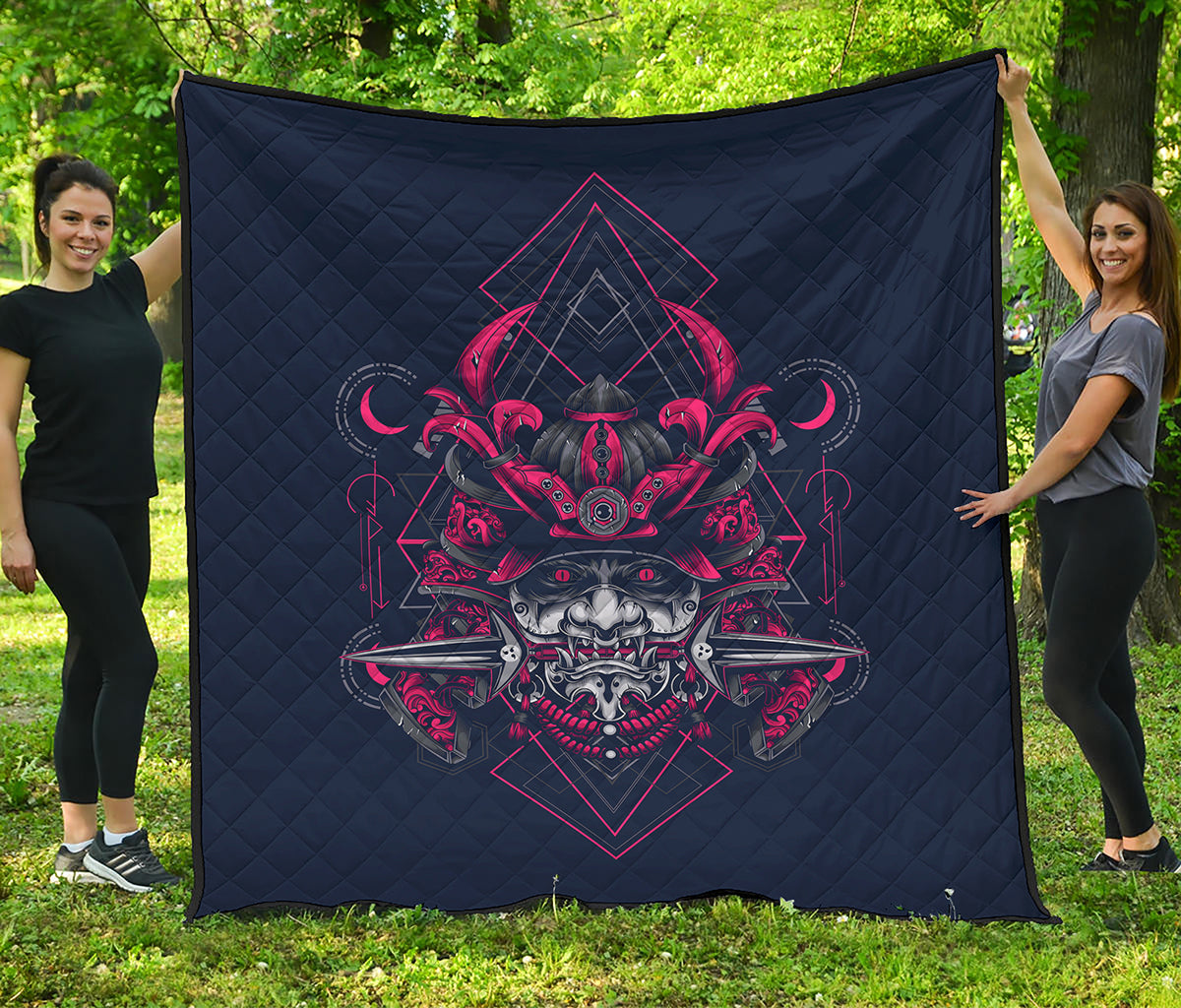 Geometric Samurai Mask Print Quilt