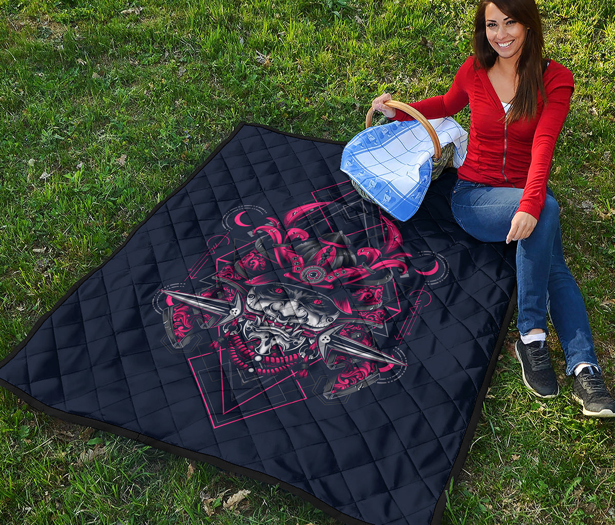 Geometric Samurai Mask Print Quilt