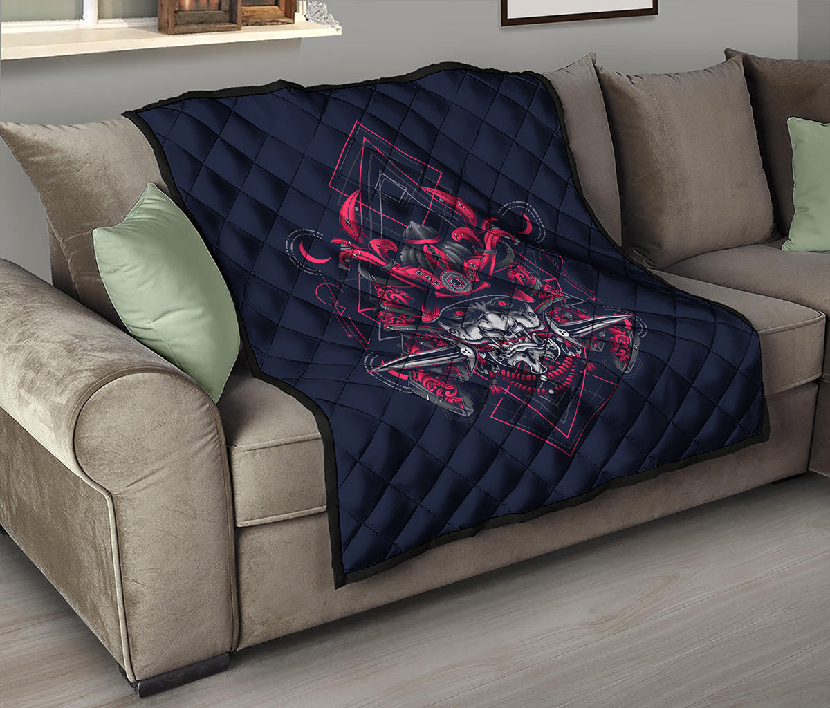 Geometric Samurai Mask Print Quilt